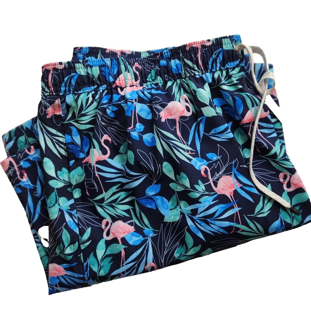 Swim Trunks Mens XXL Navy Flamingo Tropical Stretch Beach Party Mesh Lining New